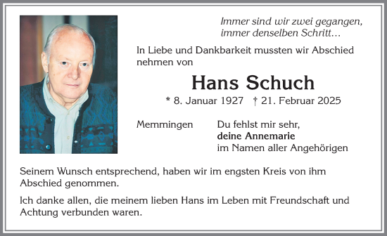 Traueranzeige von Hans Schuch von Memminger Zeitung
