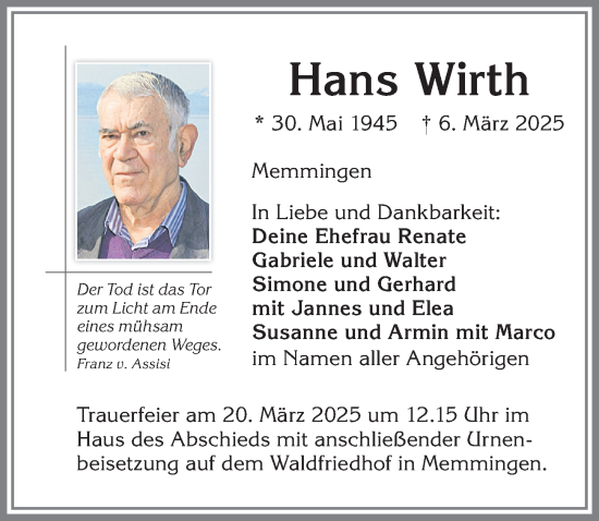 Traueranzeige von Hans Wirth von Memminger Zeitung