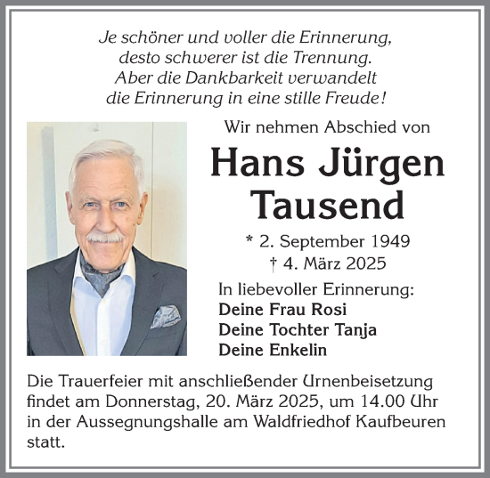 Traueranzeige von Hans Jürgen Tausend von Allgäuer Zeitung, Kaufbeuren/Buchloe