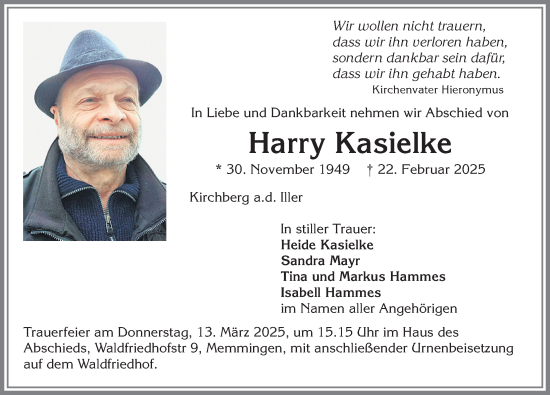 Traueranzeige von Harry Kasielke von Memminger Zeitung
