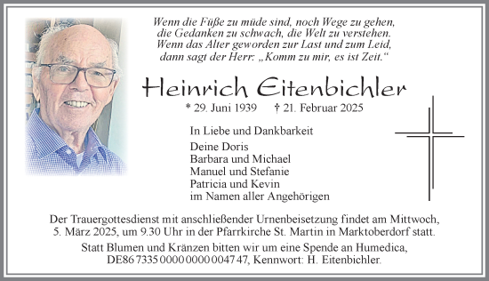 Traueranzeige von Heinrich Eitenbichler von Allgäuer Zeitung, Marktoberdorf