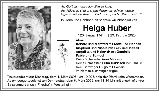 Traueranzeige von Helga Huber von Memminger Zeitung