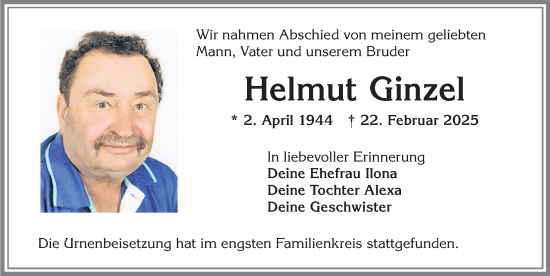 Traueranzeige von Helmut Ginzel von Allgäuer Zeitung, Kaufbeuren/Buchloe