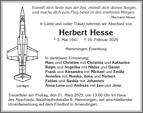 Traueranzeige von Herbert Hesse von Memminger Zeitung