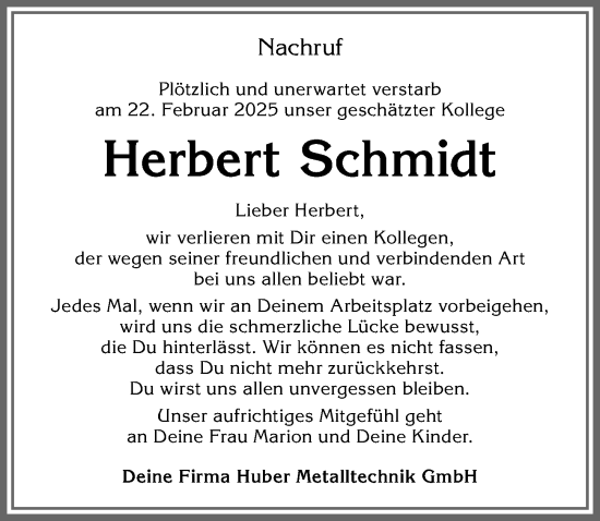 Traueranzeige von Herbert Schmidt von Allgäuer Zeitung,Kempten