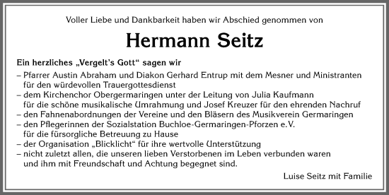 Traueranzeige von Hermann Seitz von Allgäuer Zeitung, Kaufbeuren/Buchloe