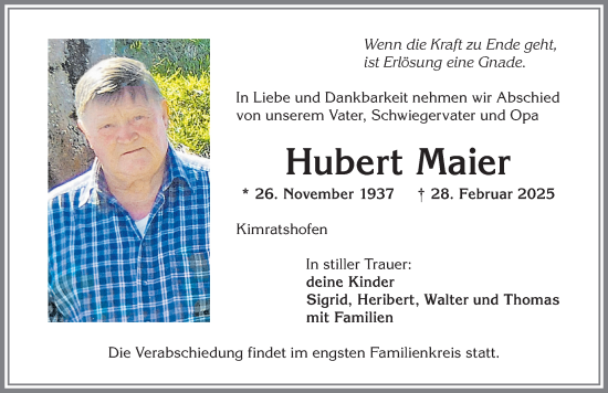 Traueranzeige von Hubert Maier von Allgäuer Zeitung,Kempten