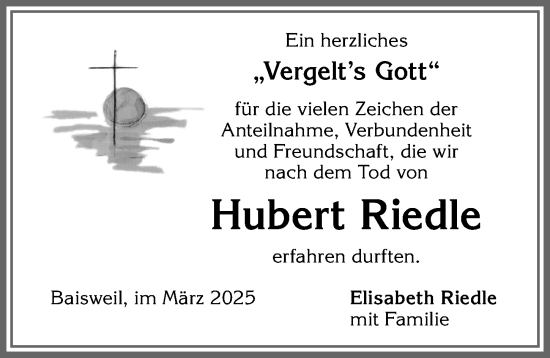 Traueranzeige von Hubert Riedle von Allgäuer Zeitung, Kaufbeuren/Buchloe