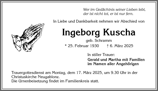 Traueranzeige von Ingeborg Kuscha von Allgäuer Zeitung, Kaufbeuren/Buchloe