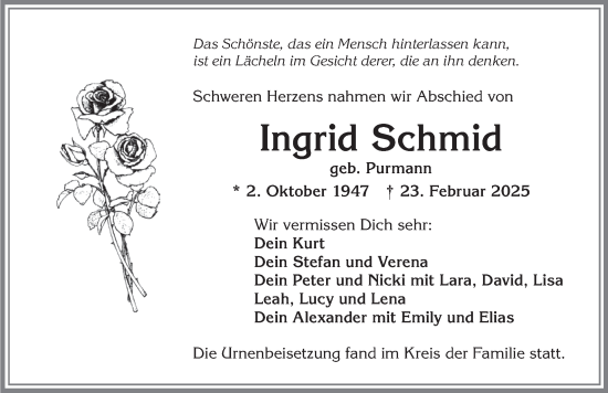 Traueranzeige von Ingrid Schmid von Allgäuer Zeitung, Kaufbeuren/Buchloe