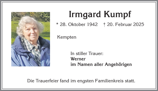 Traueranzeige von Irmgard Kumpf von Allgäuer Zeitung,Kempten