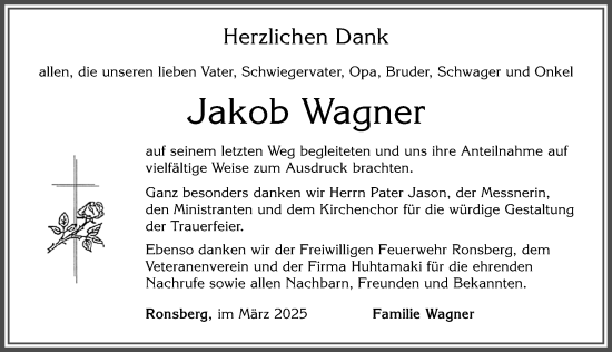 Traueranzeige von Jakob Wagner von Allgäuer Zeitung, Marktoberdorf