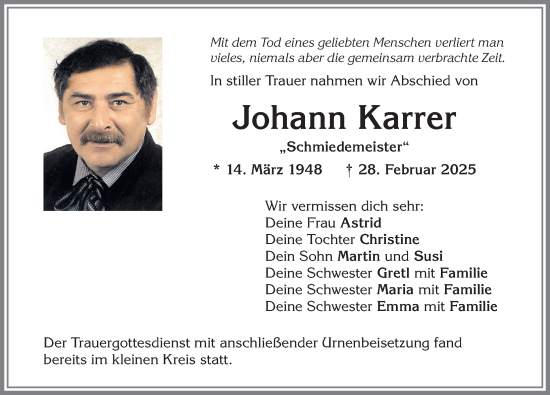 Traueranzeige von Johann Karrer von Memminger Zeitung