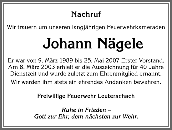 Traueranzeige von Johann Nägele von Allgäuer Zeitung, Marktoberdorf