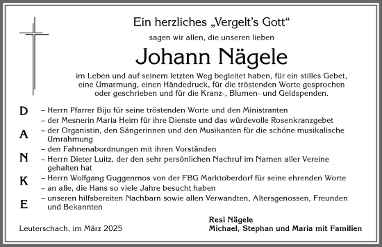 Traueranzeige von Johann Nägele von Allgäuer Zeitung, Marktoberdorf