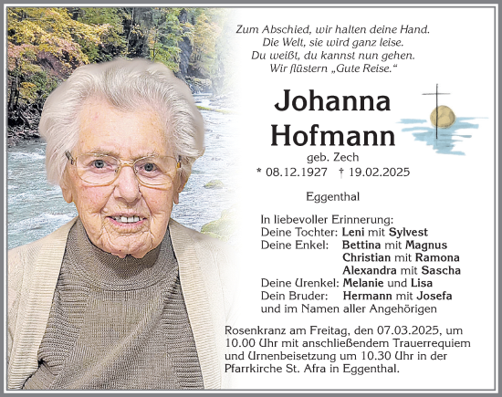 Traueranzeige von Johanna Hofmann von Allgäuer Zeitung, Kaufbeuren/Buchloe