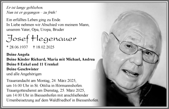 Traueranzeige von Josef Hegenauer von Allgäuer Zeitung, Marktoberdorf