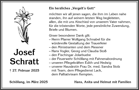 Traueranzeige von Josef Schratt von Allgäuer Anzeigeblatt