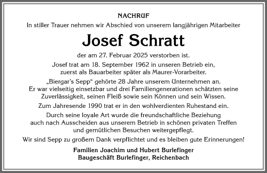 Traueranzeige von Josef Schratt von Allgäuer Anzeigeblatt