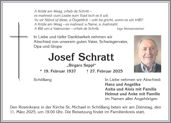 Traueranzeige von Josef Schratt von Allgäuer Anzeigeblatt