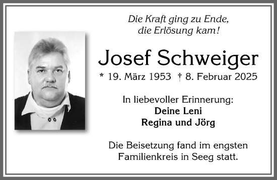 Traueranzeige von Josef Schweiger von Allgäuer Zeitung, Füssen