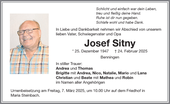 Traueranzeige von Josef Sitny von Memminger Zeitung