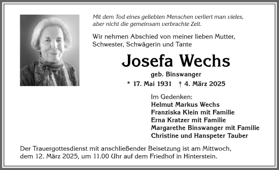Traueranzeige von Josefa Wechs von Allgäuer Anzeigeblatt