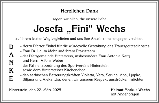 Traueranzeige von Josefa Wechs von Allgäuer Anzeigeblatt