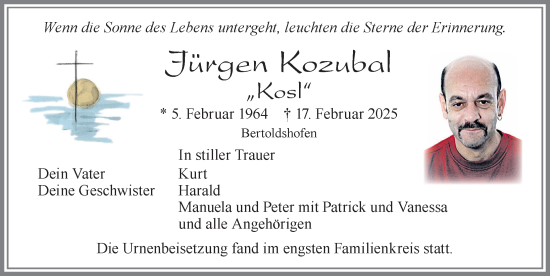Traueranzeige von Jürgen Kozubal von Allgäuer Zeitung, Marktoberdorf