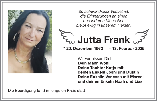 Traueranzeige von Jutta Frank von Memminger Zeitung