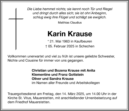Traueranzeige von Karin Krause von Allgäuer Zeitung, Kaufbeuren/Buchloe
