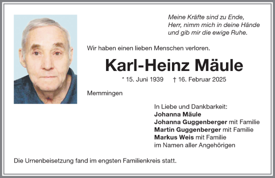Traueranzeige von Karl-Heinz Mäule von Memminger Zeitung