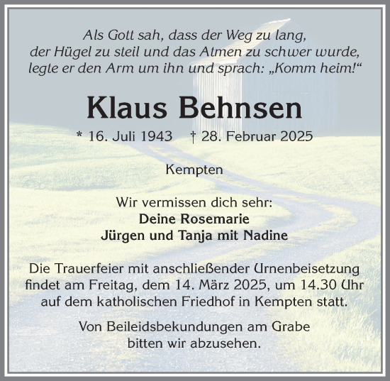 Traueranzeige von Klaus Behnsen von Allgäuer Zeitung,Kempten