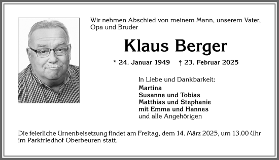 Traueranzeige von Klaus Berger von Allgäuer Zeitung, Kaufbeuren/Buchloe