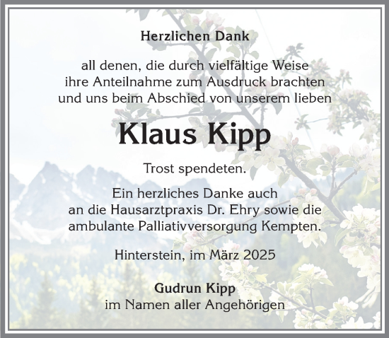Traueranzeige von Klaus Kipp von Allgäuer Anzeigeblatt