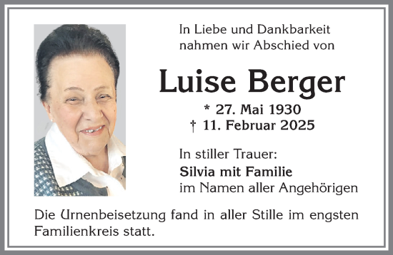 Traueranzeige von Luise Berger von Allgäuer Zeitung,Kempten