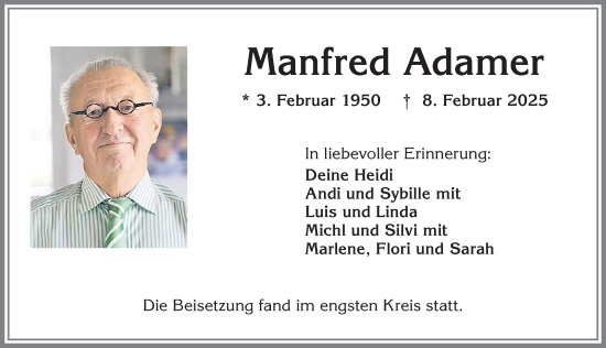 Traueranzeige von Manfred Adamer von Allgäuer Zeitung,Kempten