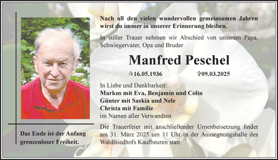Traueranzeige von Manfred Peschel von Allgäuer Zeitung, Kaufbeuren/Buchloe