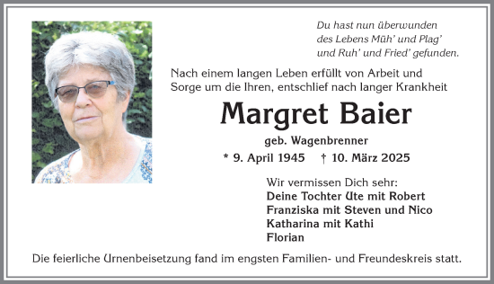Traueranzeige von Margret Baier von Allgäuer Zeitung, Kaufbeuren/Buchloe