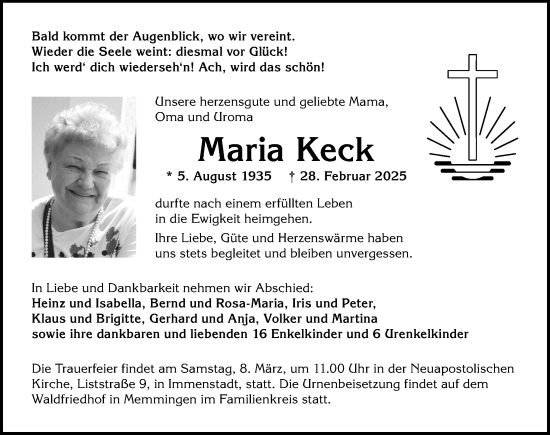 Traueranzeige von Maria Keck von Allgäuer Anzeigeblatt