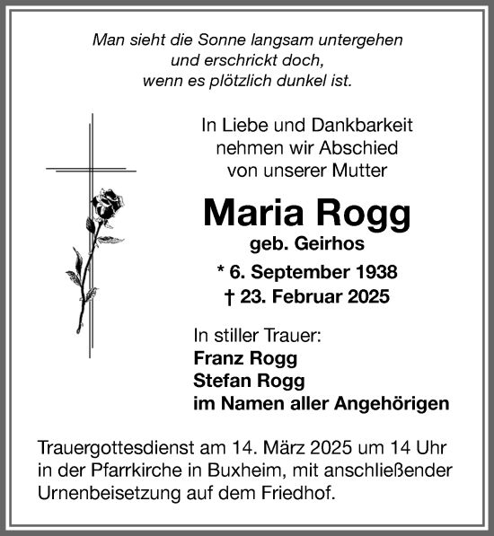 Traueranzeige von Maria Rogg von Memminger Zeitung