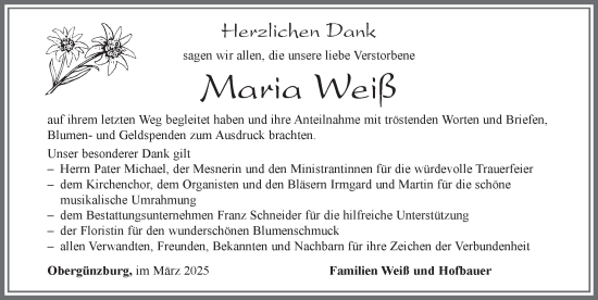 Traueranzeige von Maria Weiß von Allgäuer Zeitung, Marktoberdorf