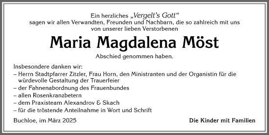 Traueranzeige von Maria Magdalena Möst von Allgäuer Zeitung, Kaufbeuren/Buchloe