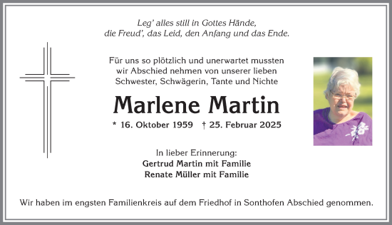 Traueranzeige von Marlene Martin von Allgäuer Anzeigeblatt
