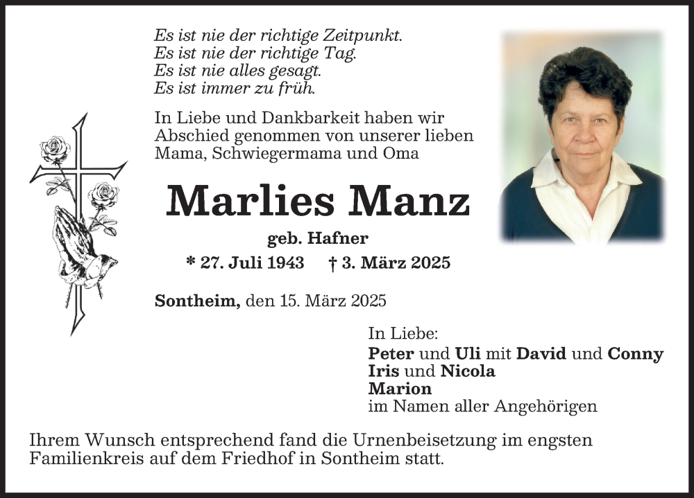  Traueranzeige für Marlies Manz vom 15.03.2025 aus Memminger Zeitung