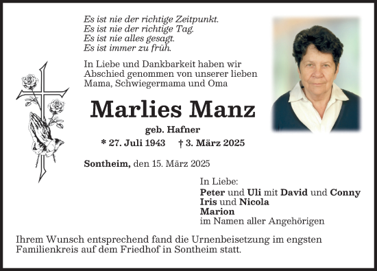 Traueranzeige von Marlies Manz von Memminger Zeitung