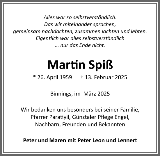 Traueranzeige von Martin Spieß von Allgäuer Zeitung, Marktoberdorf