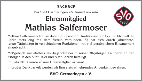 Traueranzeige von Mathias Salfermoser von Allgäuer Zeitung, Kaufbeuren/Buchloe