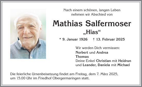 Traueranzeige von Mathias Salfermoser von Allgäuer Zeitung, Kaufbeuren/Buchloe