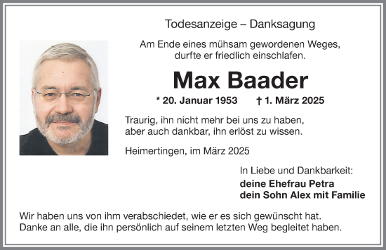 Traueranzeige von Max Baader von Memminger Zeitung
